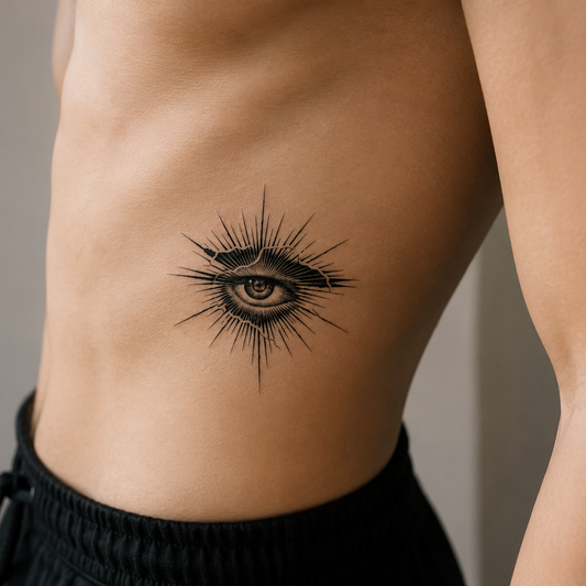Fractured Vision fine line eye temporary tattoo applied on the side rib, realistic waterproof all-seeing eye design.