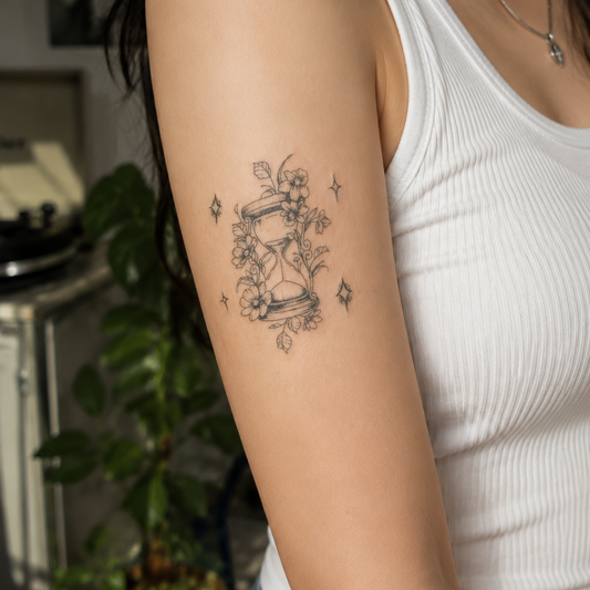 Woman wearing the Balance in Bloom floral hourglass water-free temporary tattoo on her upper arm with a realistic fine line botanical design.