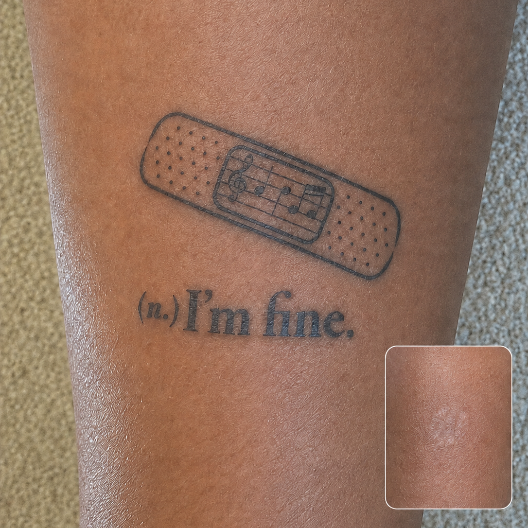 I'm Fine bandage temporary tattoo designed to creatively cover and transform scars