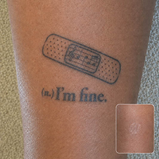 I'm Fine bandage temporary tattoo designed to creatively cover and transform scars