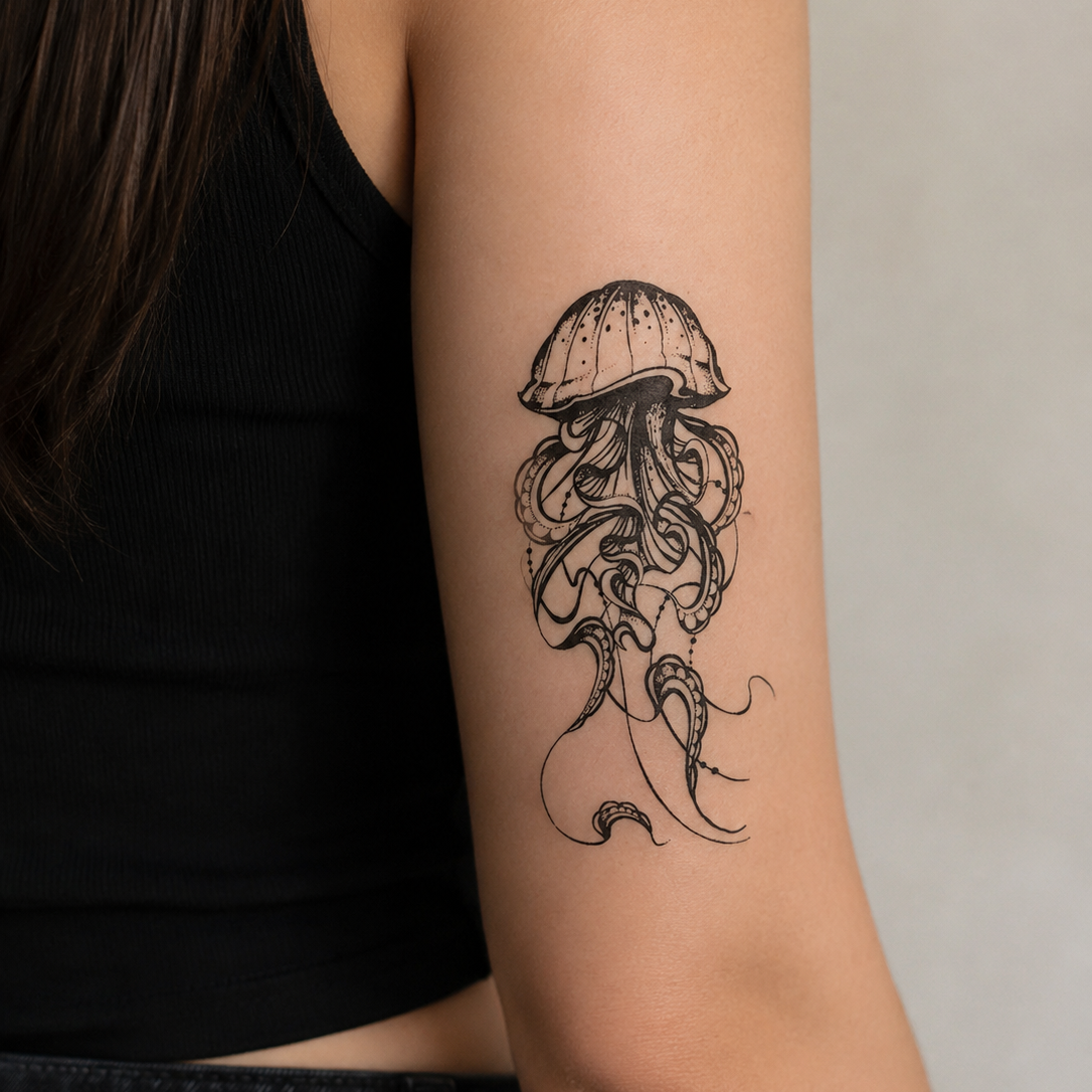 Midnight jellyfish temporary tattoo on arm — Alter Ego Ink fine line ocean design