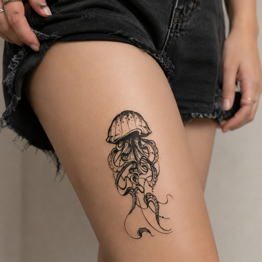 Midnight jellyfish fine line temporary tattoo on thigh — Alter Ego Ink botanical waterproof