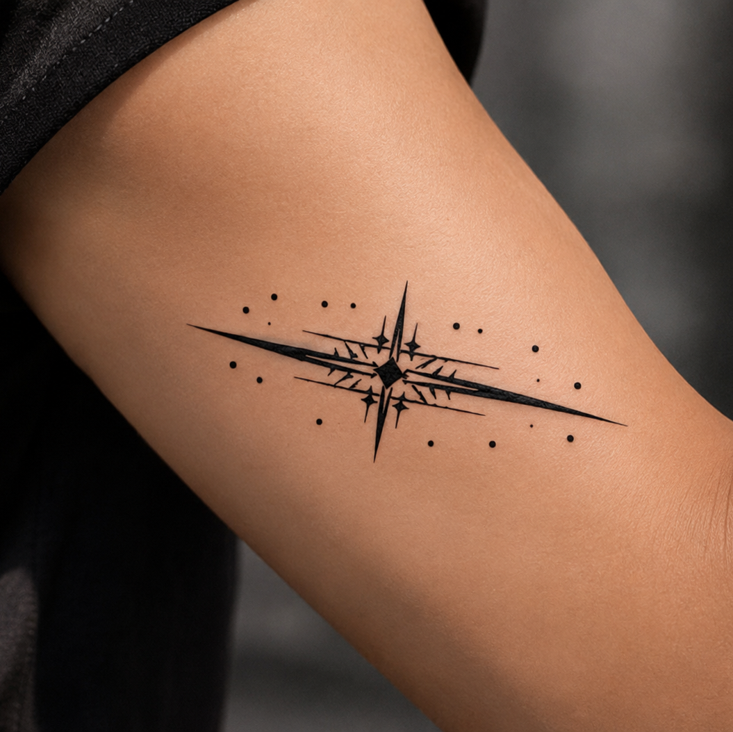 Celestial compass fake tattoo on arm — Alter Ego Ink botanical ink kpop gift