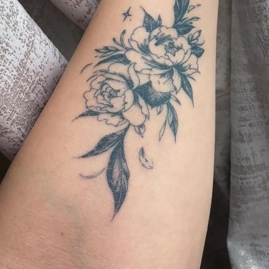Midnight Peony temporary tattoo final look video on arm — Alter Ego Ink fine line botanical floral real tattoo look