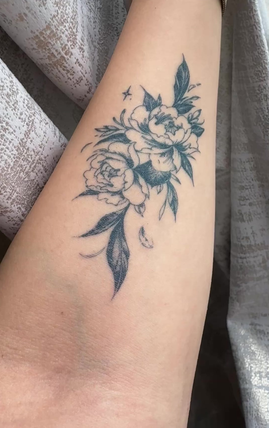 Midnight Peony temporary tattoo final look video on arm — Alter Ego Ink fine line botanical floral real tattoo look