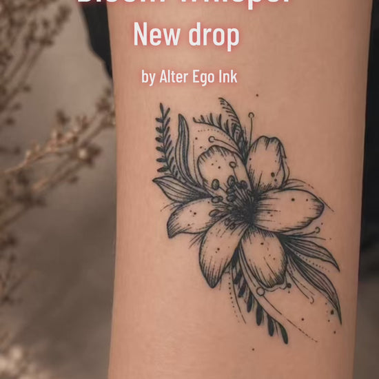Bloom Whisper temporary tattoo application and final reveal video — Alter Ego Ink fine line floral real tattoo look
