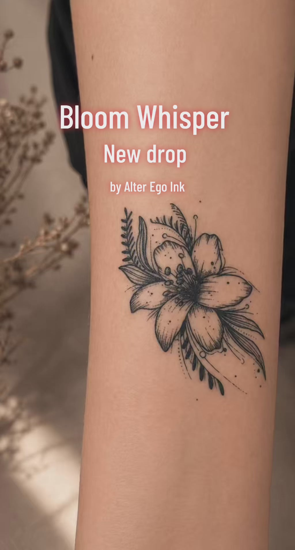 Bloom Whisper temporary tattoo application and final reveal video — Alter Ego Ink fine line floral real tattoo look