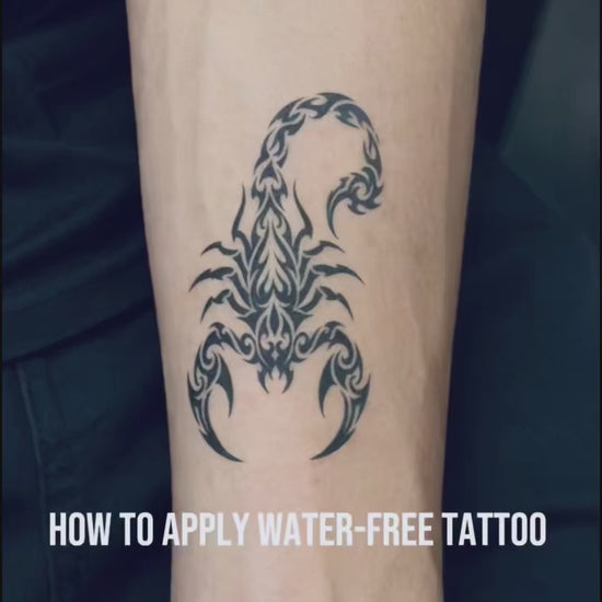 Scorpion temporary tattoo application and final reveal video — Alter Ego Ink bold fine line real tattoo look
