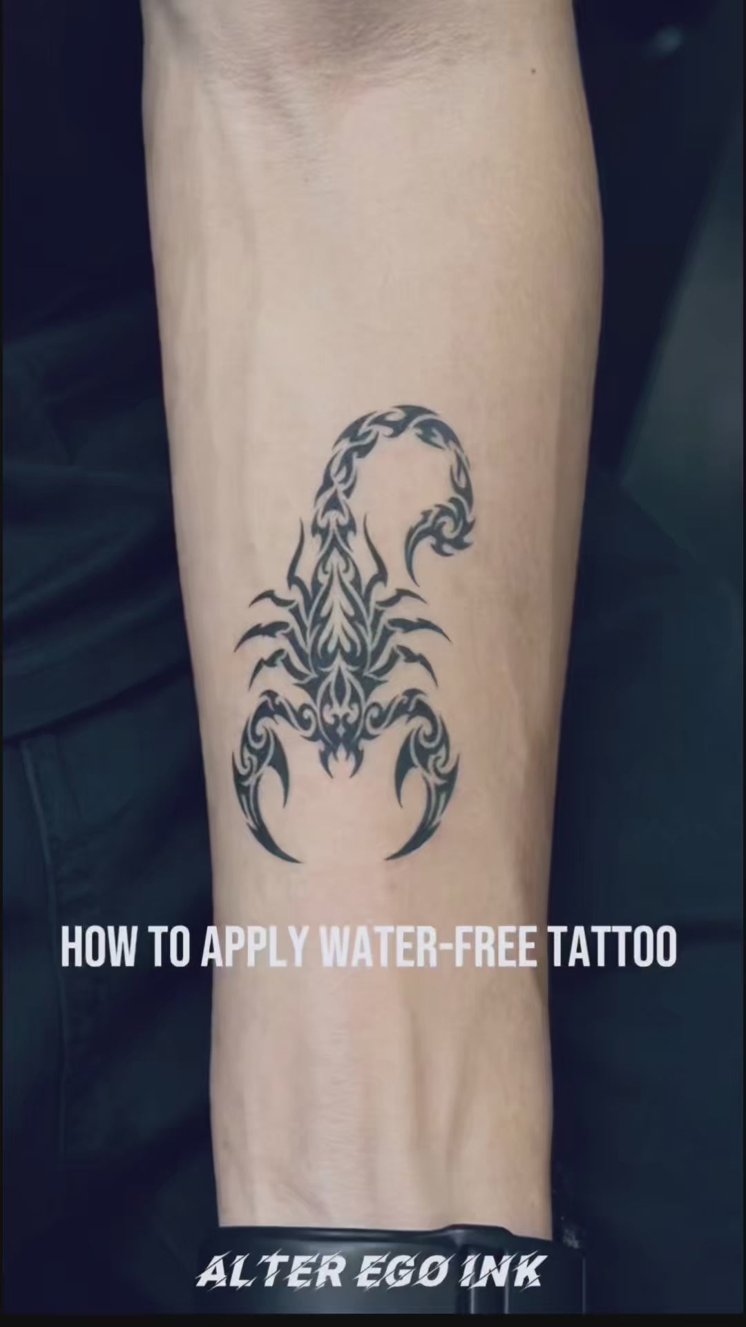 Scorpion temporary tattoo application and final reveal video — Alter Ego Ink bold fine line real tattoo look