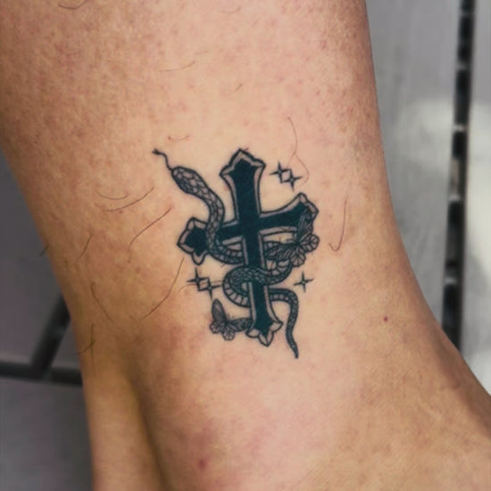 Serpent Cross temporary tattoo on ankle — Alter Ego Ink gothic snake cross real tattoo look video