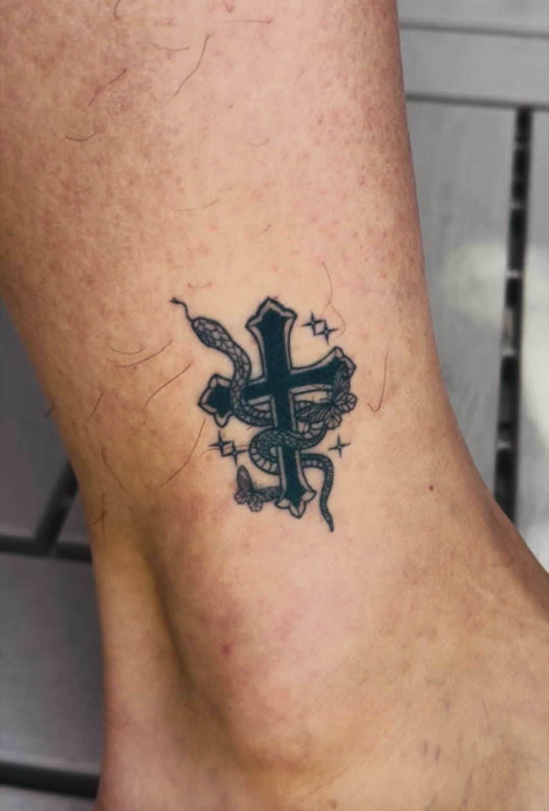 Serpent Cross temporary tattoo on ankle — Alter Ego Ink gothic snake cross real tattoo look video