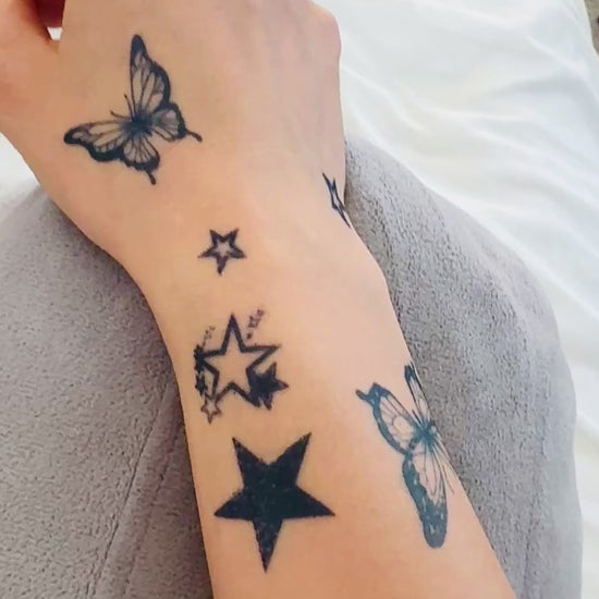 Alter Ego Ink temporary tattoo collection wear test — fine line butterfly and star waterproof tattoos