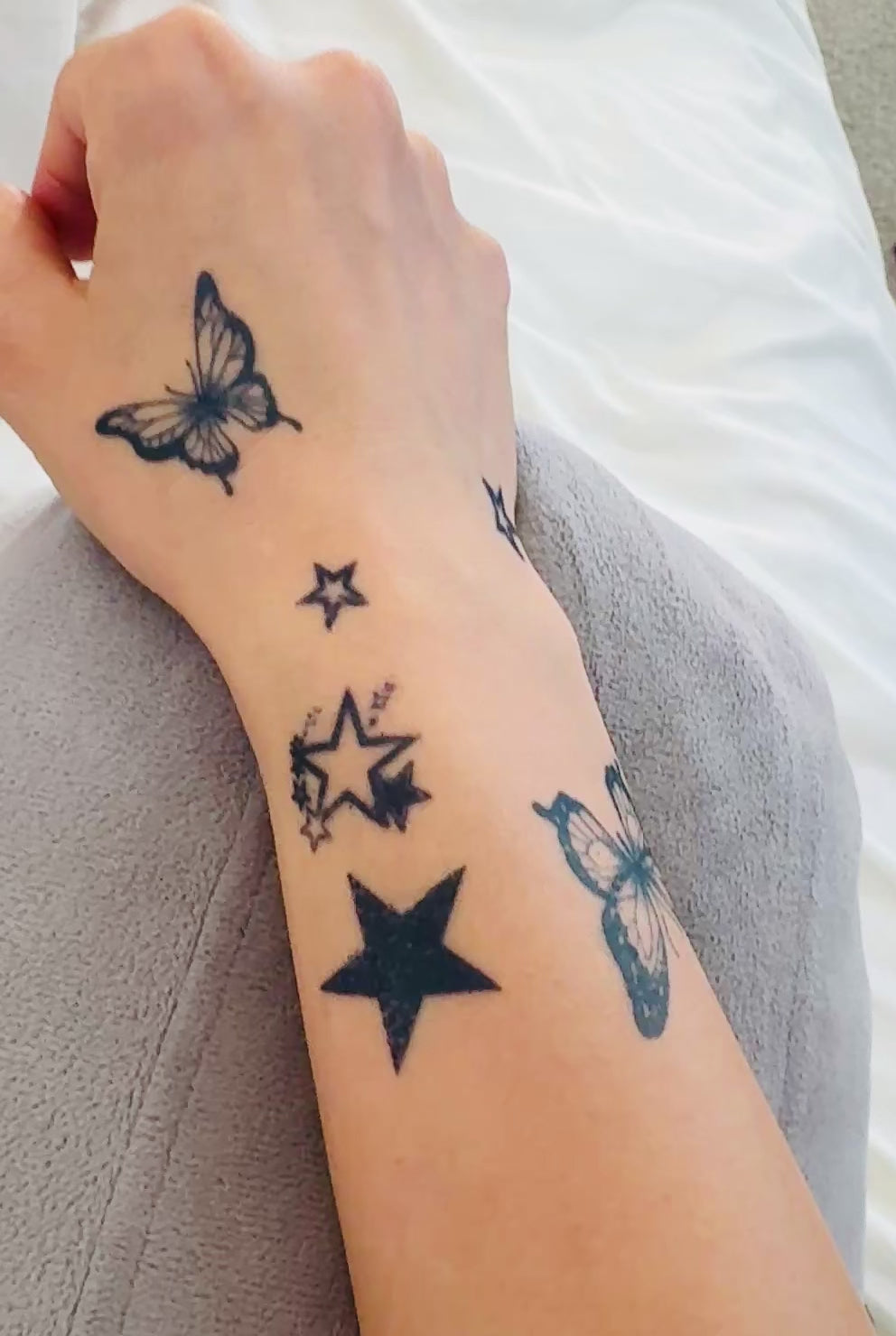Alter Ego Ink temporary tattoo collection wear test — fine line butterfly and star waterproof tattoos