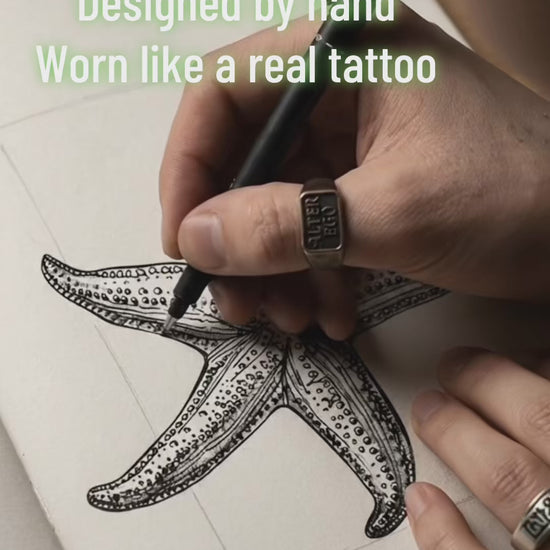 Starfish temporary tattoo design-to-skin application video — Alter Ego Ink fine line ocean real tattoo look