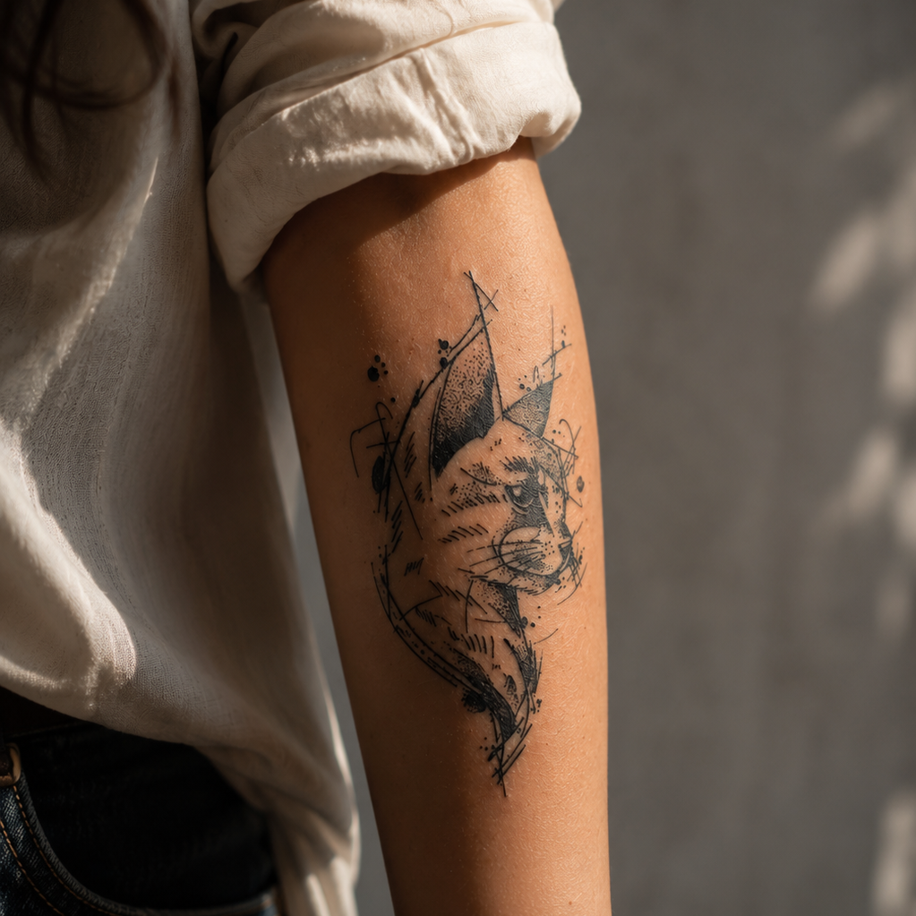 Sketch cat temporary tattoo in fine line style on forearm, waterproof realistic fake tattoo by Alter Ego Ink