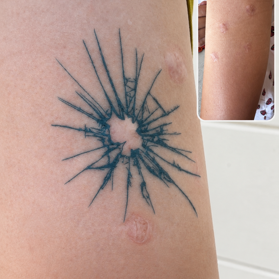 Temporary tattoo designed around scars, showing scar transformation with Alter Ego Ink Made for Scars design