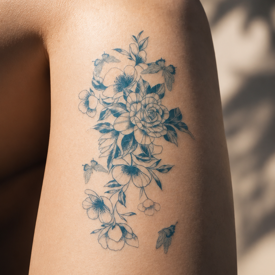 Secret Garden fine line floral and moth temporary tattoo design