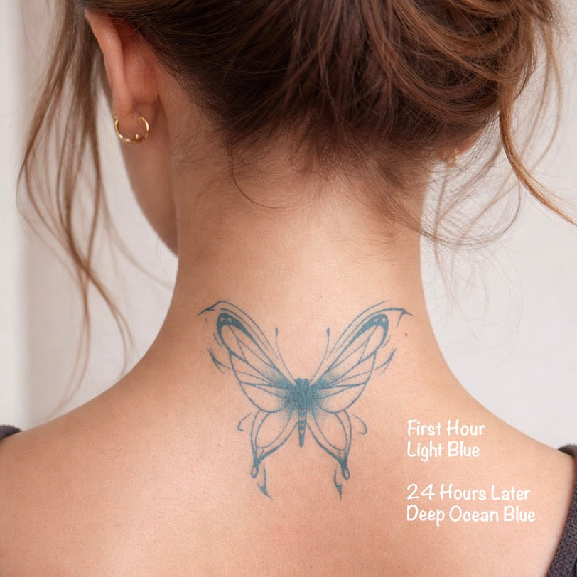 Butterfly fake tattoo on neck — Alter Ego Ink fine line waterproof tattoo