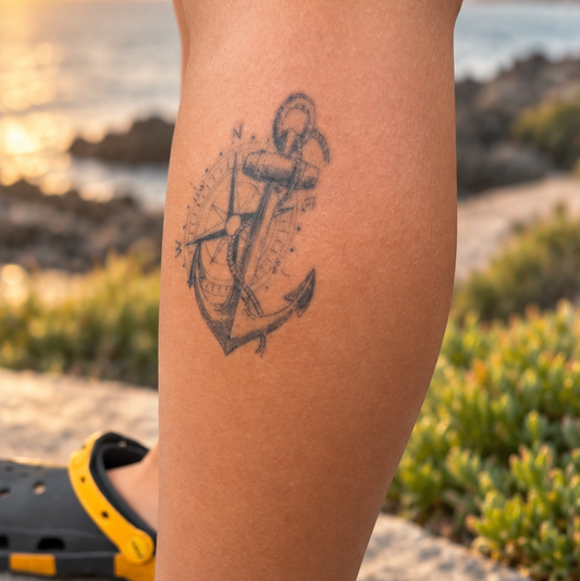 True North Anchor water-free temporary tattoo with realistic compass and anchor design on the lower leg